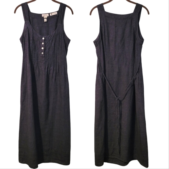Women's Large Linen Navy Blue Sleeveless Tie-back Midi Maxi Dress Cottage Boho - Picture 1 of 15